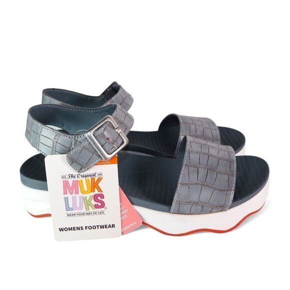 Muk Luks Roller Skate Plat for Croc Print Strappy Sandals Dusty Blue Women's 8 - Picture 4 of 11